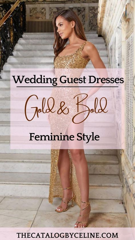 Wedding Guest Dresses: Gold & Bold Feminine Style Style Wedding Guest, Wedding Guess Dress, Wedding Guess, Dresses Gold, Winter Wedding Guests, Gold Wedding Dress, Spring Wedding Dress, Gold Outfit, Outfit Wedding Guest