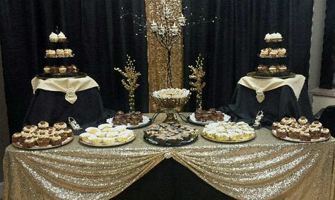 Black and Gold Dessert Table! Masquerade Party Dessert Table, Black And Gold Buffet Table Ideas, Black Dessert Table Ideas, Black And Gold Cake Table, Dessert Table Ideas Black And Gold, Black And Gold Wedding Dessert Table, Black And Gold Snack Table, Desert Table Ideas Birthday Black And Gold, Masquerade Dessert Table