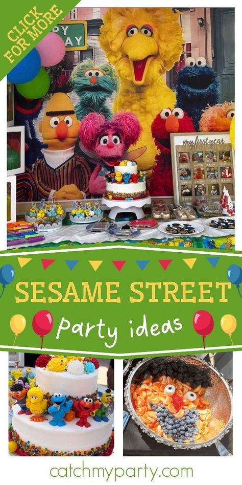 Check out this awesome Sesame Street birthday party! The party food is so much fun! See more party ideas and share yours at CatchMyParty.com Sesame Street Birthday Party Ideas Food, Sesame Street 1st Birthday Party, Monster Party Food, Sesame Street Birthday Party Ideas, Cupcake Party Favors, Elmo Cake, Cookie Monster Party, Boys 1st Birthday Party Ideas, Sesame Street Birthday Party