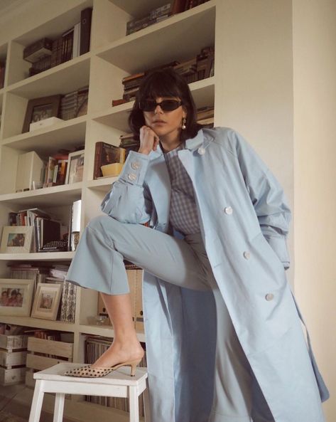 9 Light Blue Outfits You Can Wear on Repeat This Summer Light Blue Trousers Outfit, Light Blue Outfits, Blue Trousers Outfit, Pastel Blue Outfit, Green Cargo Jacket, Blue Outfits, Trench Coat Outfit, 30 Outfits, Trouser Outfit