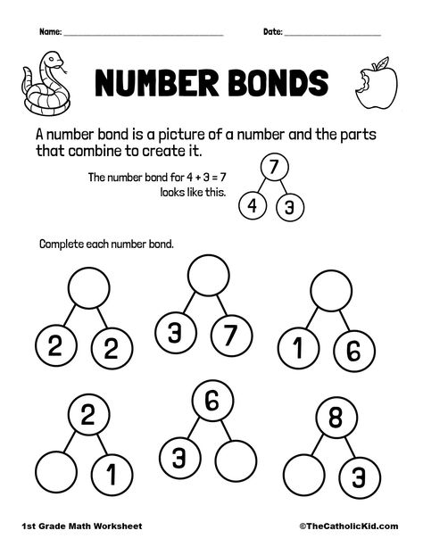 Addition Worksheets First Grade, Number Bonds Kindergarten, Kindergarten Mathematics, Number Bonds Worksheets, Study Pack, Measurement Worksheets, Number Bond, Mathematics Worksheets, First Grade Worksheets