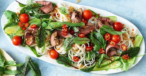 10-minute Thai beef salad Ginger Salad Dressing Recipe, Ginger Salad Dressing, Ginger Salad, Glass Noodle Salad, Cherries Salad, Thai Beef Salad, Green Papaya Salad, Thai Beef, Salad Dressing Recipe