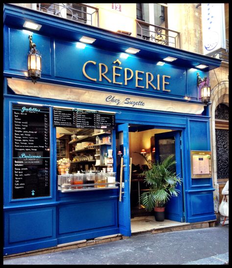 Chez Suzette - Some of the best crepes in Paris, France! Love the royal blue front of the restaurant - a beautiful color! Crepes In Paris, Best Crepes, Restaurant Paris, Paris Cafe, Shop Fronts, Paris Photo, Shop Front, Doors And Windows, Cafe Shop