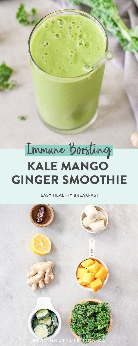 Kale Mango Ginger Smoothie - Healthnut Nutrition Mango Ginger Smoothie, Immune Boosting Smoothie, Kale Smoothie, Ginger Smoothie, Smoothie Detox, Mango Smoothie, Vegan Smoothies, Easy Smoothies, Healthy Smoothie