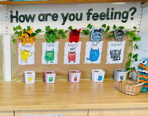 Classroom Self Registration, Eyfs Feelings Display, Emotion Classroom Display, Feelings Board Classroom, Feelings Area Eyfs, Reggio Feelings Activities, Feelings Display Classroom, Colour Monster Zones Of Regulation, Colour Monster Feelings Display