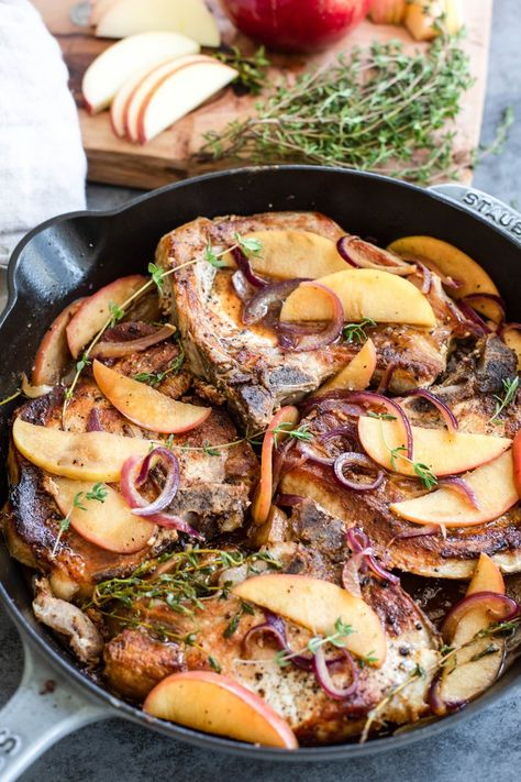 Skillet Pork Chops with Apples — My Diary of Us Pork Chops And Onions, Pork Chops Apples, Cider Pork Chops, Apple Cider Pork Chops, Apple Cider Pork, Pork Chops With Apples, Bone In Pork Chops, Skillet Pork Chops, Dijon Sauce