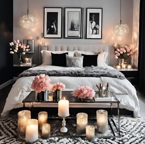 Modern Glam Bedroom Ideas, Glam Nightstand Decor, Fun Bedroom Ideas For Women, Grown Woman Bedroom Ideas Classy, Bougie Room Ideas, Cozy Romantic Bedroom Ideas, Glamour Bedroom, Glam Bedroom Ideas, Grown Woman Bedroom Ideas