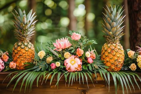 Pineapple Centerpiece, Pineapple Table, Flowers And Greenery, Outdoor Event, Event Food, Stationery Templates, Business Card Maker, Flyer Maker, Poster Maker