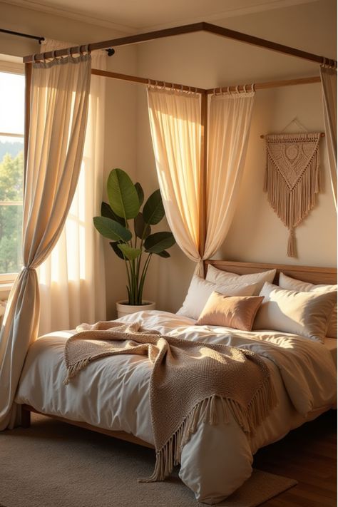 Serene boho bedroom with earthy color scheme and macrame decor Boho Bedroom Colors, Colors Craft, Earth Tone Decor, Boho Bedroom Design, Boho Space, Bedroom Colour Palette, Relaxing Space, Relaxing Bedroom, Bedroom Color