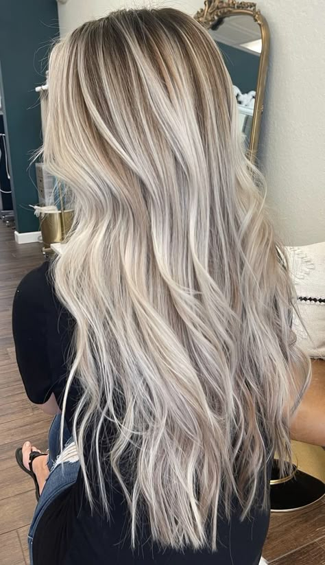 Shadow Root With Platinum Blonde, Blonde Balayage With Extensions Long Hair, Dimensional Blonde Long Hair, Icy Blonde Balayage Long Hair, Bright Blonde Hair With Root Smudge, Platinum Dimensional Blonde, Ash Blonde Dimensional Hair, Blonde Hair Color Ideas Dark Roots, Cold Blonde Hair Highlights