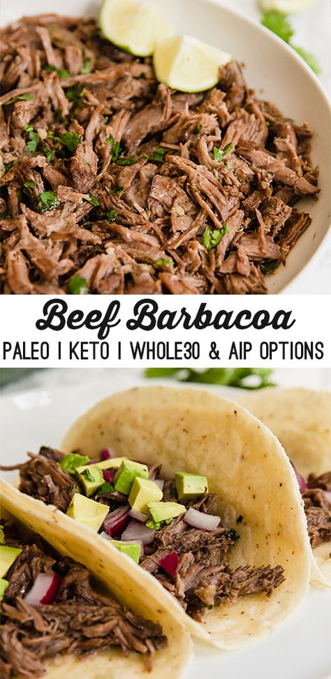 This slow cooker barbacoa is an easy and delicious protein to add to burrito bowls, or make into tacos! The barbacoa is paleo, keto, whole30 compliant, and can be adapted to be AIP. Paleo Menu, Slow Cooker Barbacoa, Paleo Slow Cooker, Taco Time, Barbacoa Beef, Burrito Bowls, Paleo Beef, Autoimmune Paleo, Recetas Keto