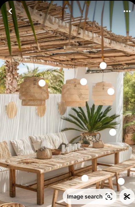 Ibiza Style Garden Ideas, Beach Style Garden, Ibiza Villa Interior, Ibiza Decor Interiors, Ibiza Inspired Gardens, Tulum Style Backyard, Terrasse Ibiza Style, Tulum Backyard Ideas, Bohemian Backyard Decor