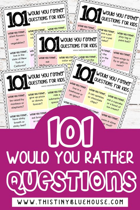 101 Boredom busting would you rather questions for kids perfect for slashing boredom on your next road trip or rainy afternoon. Funny Would You Rather, Fun Rainy Day Activities, Rainy Day Activities For Kids, Questions For Kids, Kids Questions, Montessori Environment, Rather Questions, Printable Games For Kids, Rainy Afternoon