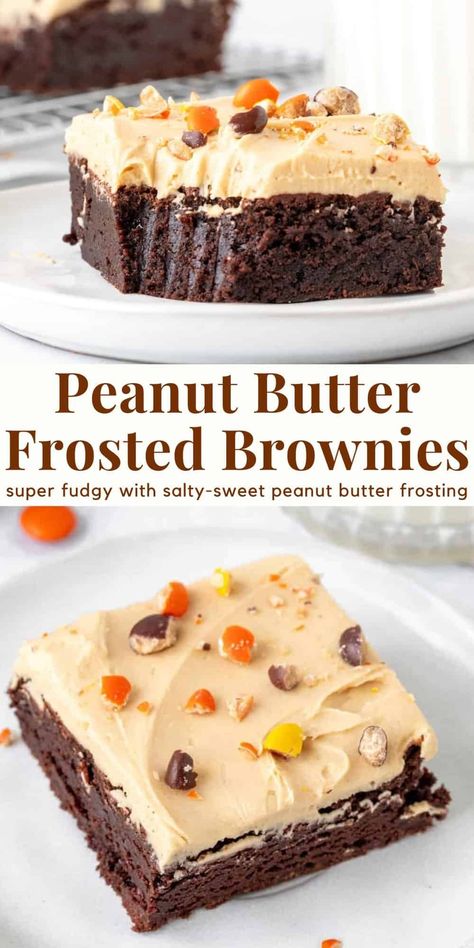 These peanut butter frosted brownies have the perfect combo of chocolate and peanut butter. The brownies are moist and chewy with a delicious chocolate flavor, and the peanut butter frosting is salty, sweet and super creamy. Top them with a few Reese's Pieces or peanut butter cups. #peanutbutterfrosting #brownies #chocolatebrownies #peanutbutter #peanutbutterfrostingforbrownies #fudgebrownies from Just So Tasty Reeses Pieces Brownies Recipe, Frosting Recipes For Brownies, Peanut Butter Icing For Brownies, Peanut Butter Brownie Cake, Brownie Recipes With Candy Bars, Dressed Up Brownies, Peanut Butter Baking Recipes, Peanut Butter Chocolate Recipes, Easy Chocolate Peanut Butter Desserts