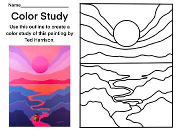 Pastel Landscapes Easy, Ted Harrison Landscapes, Ted Harrison Art For Kids, Shading Art Projects, Highschool Art Projects, Grade 1 Art Lessons, Ted Harrison Art, 6th Grade Art Projects, Painting Worksheet