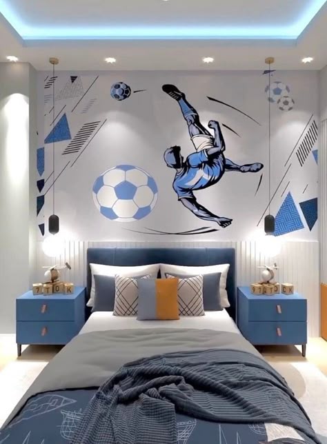 Soccer Themed Kids Room Wallpaper Football Fanatic Mural for - Etsy Egypt Soccer Bedroom, Soccer Room, Boys Room Design, Themed Kids Room, Boys Bedroom Makeover, Boy Bedroom Design, Interior Design Per La Casa, Kids Interior Room, Kids Room Wallpaper