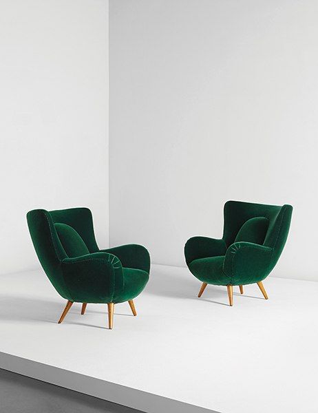 Pair of armchairs, circa 1952, designed by Carlo Mollino for the Acotto House. Estimate $180,000 to $240,000. Poltrona Design, Carlo Mollino, Green Chairs, Comfy Armchair, Green Armchair, Decoration Inspiration, Armchair Design, Eames Lounge Chair, Turin