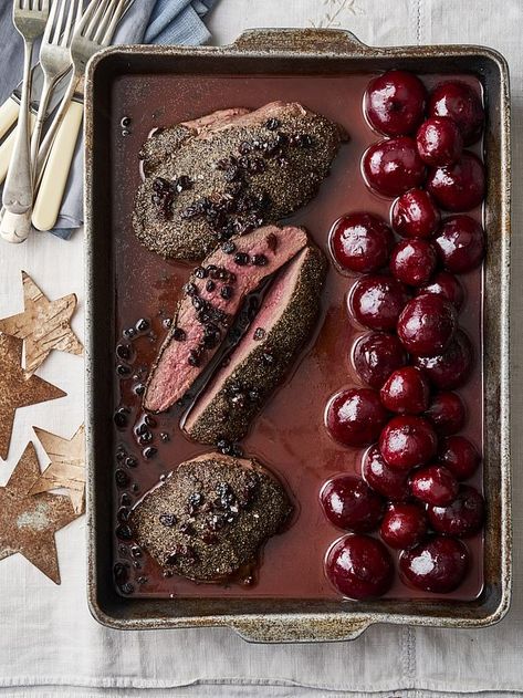 ROAST VENISON WITH BEETROOTS... Pigeon Recipes, Wood Fire Kitchen, Grouse Recipes, Cherry Sauce Recipe, Cooking Burgers, Medieval Feast, Food Planning, The Silence Of The Lambs, Cherry Sauce