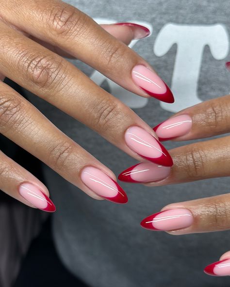 Wine 🍷 frenchies🍷🫦 #dovenailsbysharon Nail Art Designs Wine Red, Red Polish Nail Designs, Short Gel Polish Nails, Nails Red Ideas, Red French Tip Almond Nails, Nails Pink Design, Red Nails Valentines, Medium Nail Designs, Girly Nail Designs