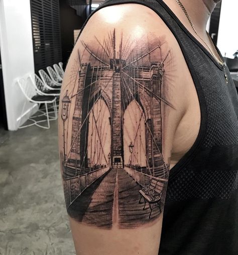 Brooklyn Bridge Bridge Tattoo, Brooklyn Tattoo, Around Arm Tattoo, New York Tattoo, Arrow Tattoos, Side Tattoos, The Don, Tattoo Removal, Tattoo Sleeve Men