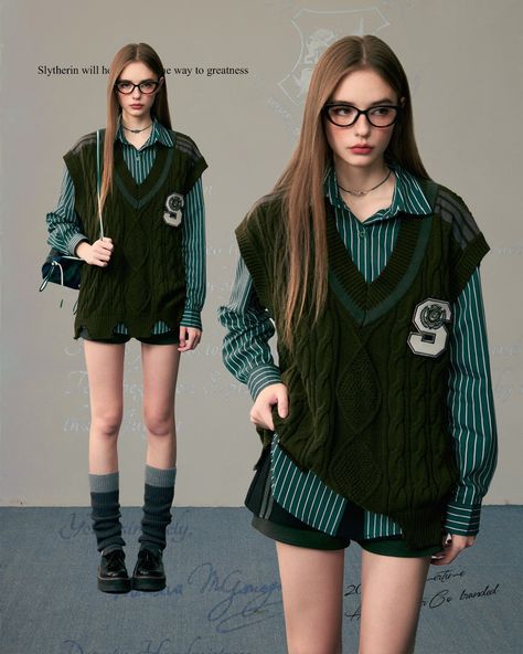 Classic British Style Slytherin Outfits! 🐍✨ Search "Slytherin" on devilinspired.com to shop! Enjoy 12% off with code HS12 and FREE shipping on orders over $99! 🍂🖤 #slytherin #hogwartsfashion Slytherin Outfit Casual, Slytherin Outfits Aesthetic, Slytherin Lookbook, Slytherin Outfit, Classic British Style, Fandom Outfits, Outfit Casual, British Style, Outfits Aesthetic