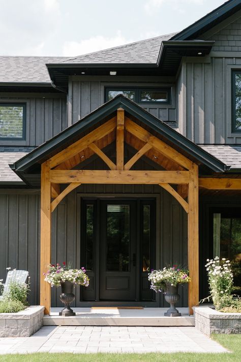 The Forest Ridge Home — KAJ Cabin Front Door, Exterior Entryway Ideas, Porch Gable, Exterior Entryway, Deck Railing Ideas, Landscaping Around Trees, Inspiring Outdoor Spaces, Modern Lake House, Railing Ideas