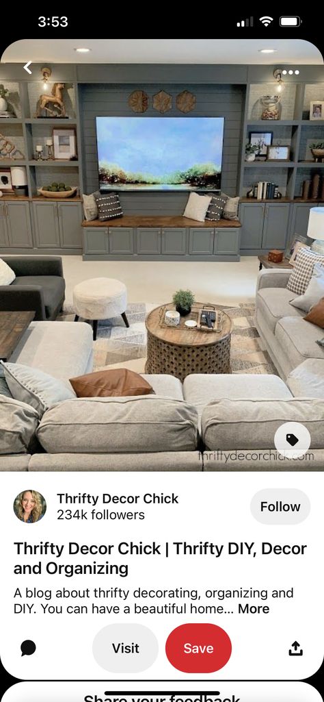 Bench Under Tv, Under Tv, Thrifty Diy, Thrifty Decor Chick, Bookcase Wall, Thrifty Decor, Long Walls, Built In Bookcase, New Living Room