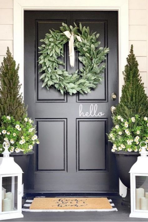 The best front door colors to add a ton of curb appeal to your home. Including blue, pink, black, yellow, orange and so much more! #frontdoorcolors Spring Planters Front Door Entrance, Faux Outdoor Plants Front Doors, Step Decor, Bright Front Doors, Front Door Images, Front Door Plants, Teal Door, Olive Branch Wreath, Exterior Door Colors