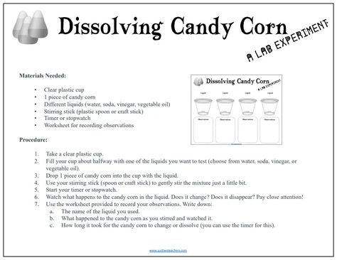 Dissolving Candy Corn Lab Experiment.pdf Dissolving Candy Corn, Candy Corn Experiment, Lab Experiment, Plastic Spoons, Stir Sticks, Craft Stick Crafts, Candy Corn, Plastic Cup, Classroom Ideas