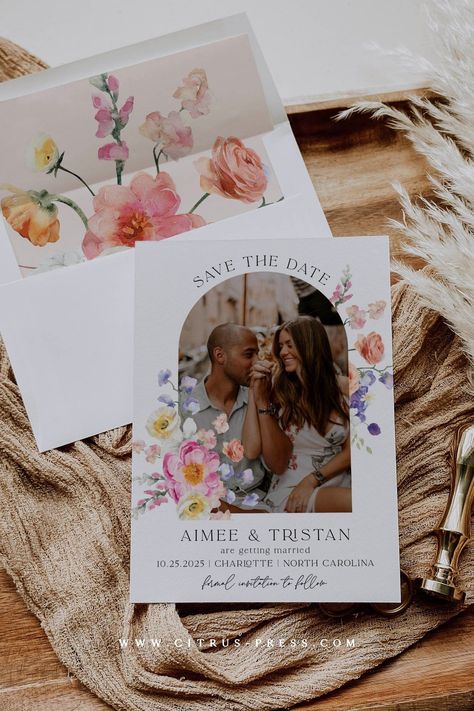 Spring Floral Photo Save the Date, Arch Curve Engagement Photo, Garden Flower Wedding, DIY Self Editable Template, Printable Corjl 017 - Etsy Wildflower Wedding Theme, Arch Photo, Spring Wedding Invitations, Floral Save The Dates, Photo Save The Date, Future Wedding Plans, Pastel Wedding, Floral Photo, Wildflower Wedding