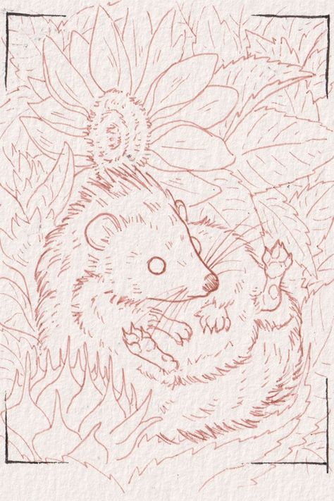 line drawing of a hedgehog and sunflower Drawing Of Hedgehog, Ink Drawing, Line Drawing, Art Inspo, Rooster, Line Art, Moose Art, Sunflower, Cute Animals