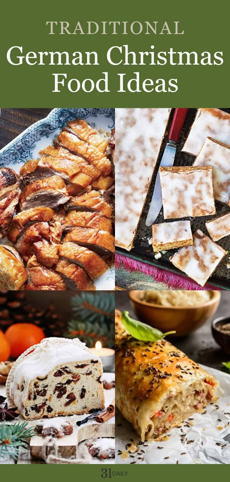 4 pictures containing different German inspired Christmas dishes German Christmas Desserts, Traditional German Christmas, German Christmas Traditions, Easy German Recipes, German Christmas Food, Traditional Holiday Recipes, Traditional Christmas Dinner, German Food Authentic, Christmas In Germany