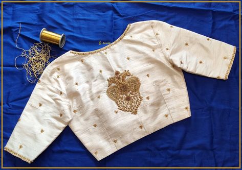 White Blouse With Gold Embroidery, White Raw Silk Blouse Designs, White Blouse Designs For Saree Silk, White Silk Blouse Designs, Cream Blouse Work Design, White Blouse Embroidery Designs, Off White Blouse Designs Work, Simple Zardosi Work Blouses, Zardosi Embroidery Blouse