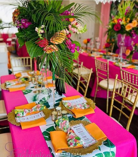 Tropical Theme Party Centerpieces, Summertime Party Theme, Tropical Birthday Party Ideas For Women, Hawaii Centerpiece Ideas, Luau Party Table Decorations, Tropical Glam Decor Party, Sweet 16 Tropical Theme Party Ideas, Hawaiian Quinceanera Theme, Endless Summer Party