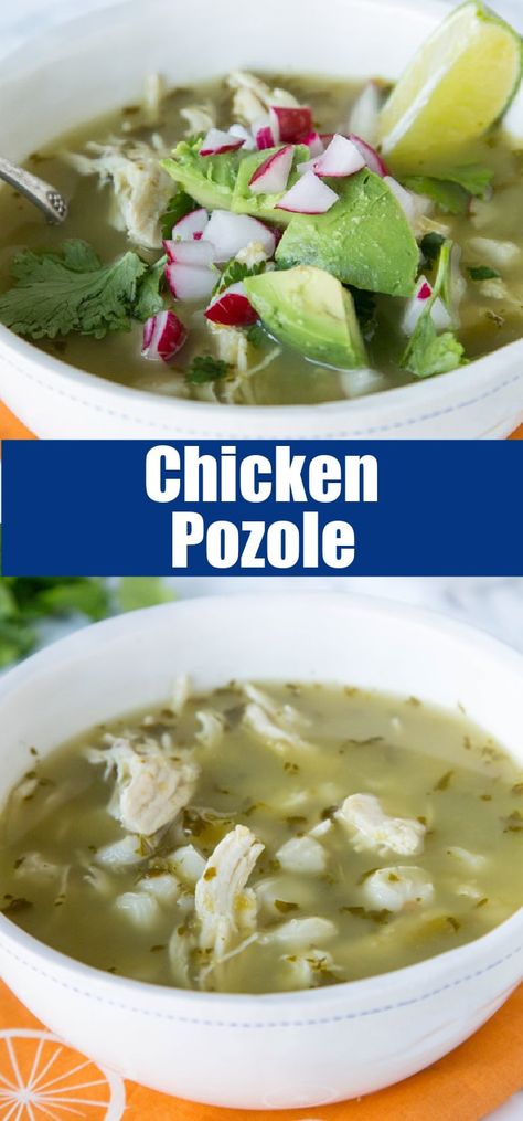 Slow Cooker Chicken Pozole Verde - a hearty and comforting soup with tons of great flavor, and it cooks in the crock pot all day! Green Salsa Chicken, Chicken Pozole Verde Recipe, Chicken Pozole Verde, Chicken Pozole Recipe, Pozole Verde Recipe, Chicken Pozole, Pozole Verde, Pozole Recipe, Mexican Chicken Recipes