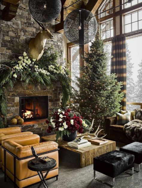 Indoor Christmas Decorations Living Room, Mountain House Interior, Cabin Living Room Decor, Lodge Living Room, Ski Lodge Decor, Photo Studio Background, Chalet Chic, Christmas Lodge, Cabin Living Room