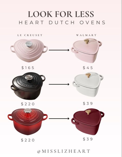 Looks for less: The Le Creuset heart shaped Dutch oven versus the Walmart beautiful by drew Barrymore heart shaped Dutch oven! Dutch oven, Vday, Valentine’s, heart-shaped, kitchen finds, Dutch oven pink Lovecore Kitchen, Heart Shaped Decor, Heart Kitchen Decor, Cute Kitchen Accessories, Heart Kitchen Accessories, Heart Dutch Oven, Heart Cooking Pot, Valentines House Decor, Heart Shaped Dutch Oven