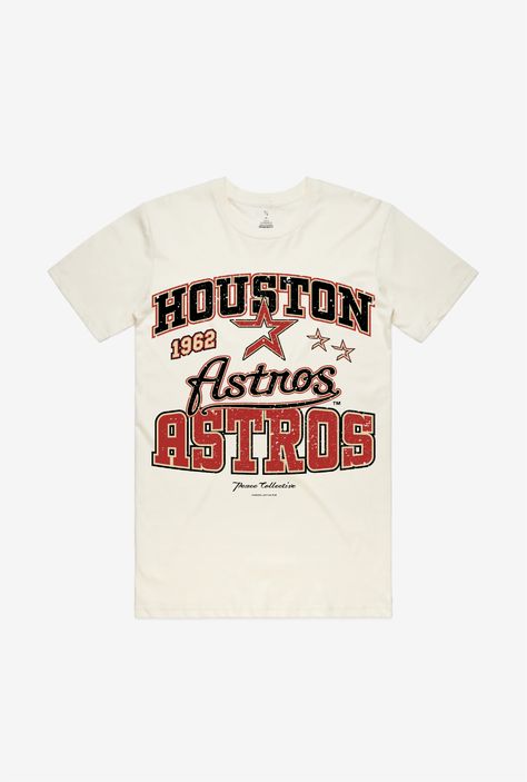 Support your team in true Astros style with this vintage washed t-shirt. Materials & Care • 100% cotton • Machine wash cold with similar colours and tumble dry on a low setting or hang to dry Features • Officially licensed MLB merchandise • Graphic printed on front of chest • Ribbed at crewneck • Preshrunk for mini Houston Shirt Designs, Vintage Team Shirts, Vintage Baseball Shirt, Kaos Vintage, Astros Shirt, Houston Astros Shirts, Vintage T Shirt Design, Baseball Sweatshirts, 90s Shirts