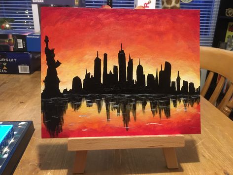 Acrylic painting of NYC skyline in silhouette. Skyline Canvas Painting, Acrylic Painting New York, Easy Nyc Painting, Nyc Painting Acrylic, Skyline Silhouette Painting, Skyline Painting Acrylic, Skyline Painting Easy, Painting Acrylics Easy, City Painting Acrylic Easy