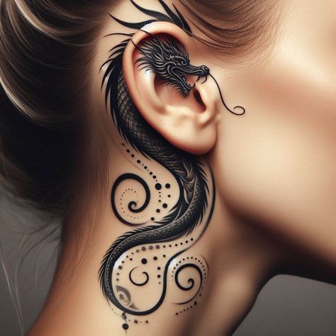 Mermaid Ear Tattoo, Black Dragon Tattoo For Women, Behind The Ear Dragon Tattoo, Dragon Tattoo Behind The Ear, Ear Dragon Tattoo, Dragon And Fairy Tattoo, Back Of Ear Tattoos For Women, Neck Dragon Tattoo, Ear Tattoo Women