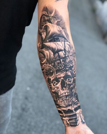 30+ Eye-Catching Half Sleeve Tattoos Ideas For Guys Pirate Tattoo Sleeve, Kurt Tattoo, Tattoos Arm Mann, Ship Tattoo Sleeves, Hai Tattoo, Nautical Tattoo Sleeve, Pirate Ship Tattoo, Wörter Tattoos, Pirate Tattoo