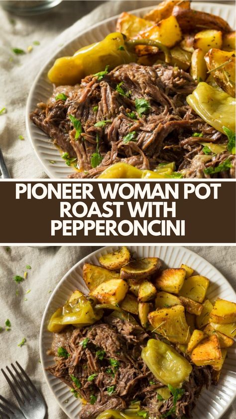 Pioneer Woman’s Pot Roast With Pepperoncini Recipe is a savory dish made with chuck roast, ranch dressing, au jus gravy mix, butter, and pepperoncini cooked for 8 hours to perfection in a slow cooker. Pepperocini Roast Crockpot Crock Pot, Pepperchini Roast, Pot Roast With Pepperoncini, Pot Roast Pioneer Woman, Pioneer Woman Pot Roast, Pepperoncini Roast Slow Cooker, Roast With Pepperoncini, Pioneer Woman Recipes Dinner, Roast Beef Crock Pot Recipes