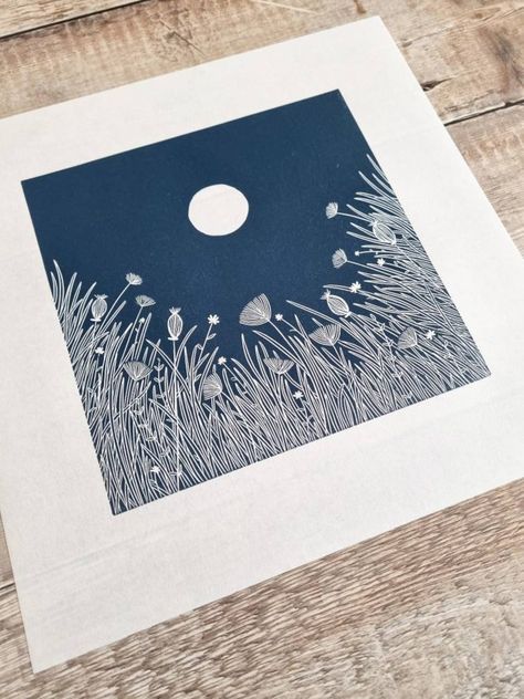 Linoleum Printmaking, Moon Dark, Linoleum Print, Lino Art, Linocut Art, Mosaic Artwork, Prussian Blue, Night Art, Dark Skies