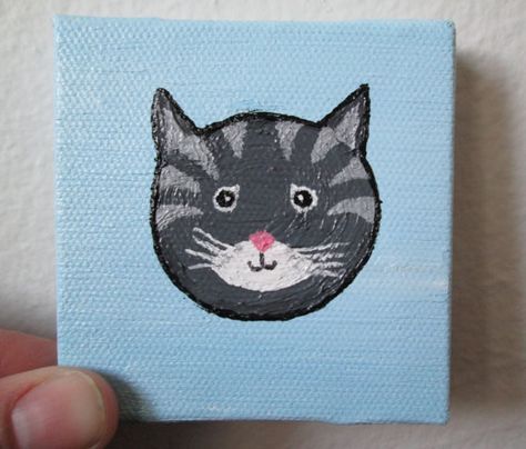 Acrylic Painting on Canvas, Cat Face, Tabby Cat, Striped Cat, Grey Cat, Tiny Canvas painting, Miniature Canvas Painting, Handmade Art Cat Painting Easy, Miniature Canvas Painting, Tiny Canvas Painting, Cat Face Drawing, Painting Beginners, Cats Face, Cat Grey, Tiny Canvas, Plague Mask