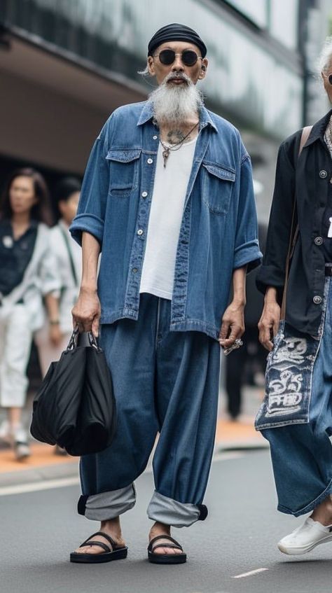 Japanese Mens Style, Crazy Outfits Men, Japan Fashion Street Men, Japanese Fashion Men, Japanese Streetwear Mens, Japanese Street Fashion Men, Going To Japan, Master Roshi, Older Mens Fashion