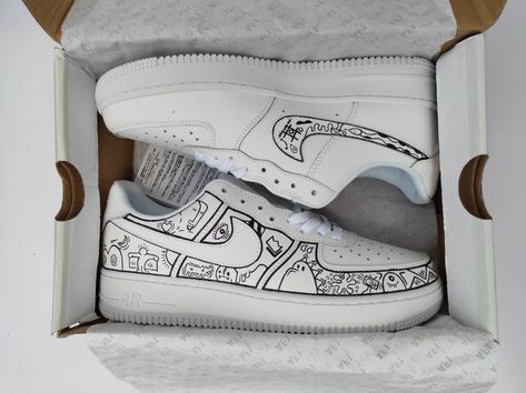 Custom Airforce Doodle art on Airforce 1 Doodle Shoes, Custom Sneakers Diy, Af1 Shoes, Futuristic Shoes, Custom Af1, Custom Painted Shoes, Black And White Comics, Custom Shoes Diy, Diy Sneakers