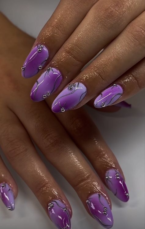 Purple Mix And Match Nails, Purple Butterfly Nail Designs, Purple Aesthetic Nails, Purple Butterfly Nails, Birthday Nail Designs, Butterfly Nail Designs, Purple Nail Art, G Nails, Long Acrylic Nail Designs