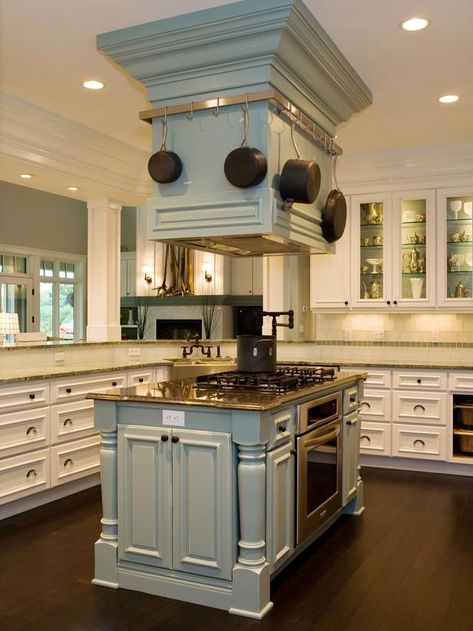 Custom ceiling-mounted hood Kitchen Island With Cooktop, Wood Hood, Island With Stove, Kitchen Island With Stove, Hood Kitchen, Small Kitchen Island, Farmhouse Kitchen Island, Kitchen Island With Seating, Kitchen Hoods