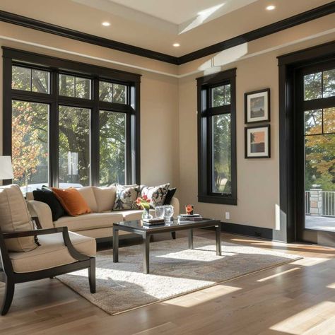 Brown Window Frames Living Rooms, Black Woodwork Trim Interior Design, Dark Window Trim Living Room, Black Wood Trim Interior, Darker Trim Than Walls, White Walls With Darker Trim, Black Trim Interior Color Schemes Living Room, Black Interior Window Trim, Beige Walls Black Trim