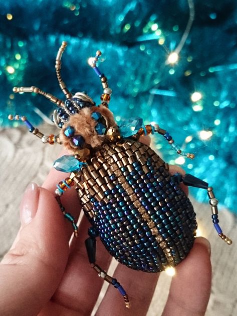 #beetlebrooch #turquoisebug #blueinsect #goldbug Beaded Beetle, Beetle Brooch, Bug Jewelry, Green Beetle, Embroidered Jewelry, Beading Jewelery, Embroidered Gifts, Lace Jewelry, Beaded Animals